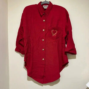 Women’s Vintage Nina Piccaino Brand 80s Red Collared Button Down Blouse Size 6